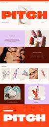 The Pitch theme colour palette is bold poppy and cherry reds and lilac colours. The products featured are beautifully packaged skincare items. The theme features a strong grid layout.